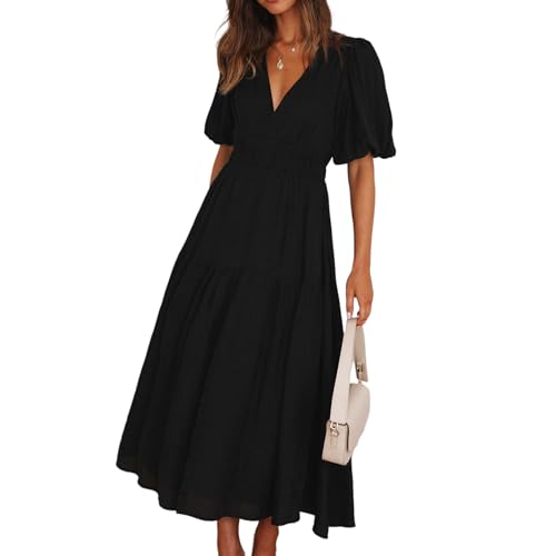 2025 Summer Deep V Neck Casual Dresses for Women Elegant Flowy Midi Dress Wedding Guest Dress