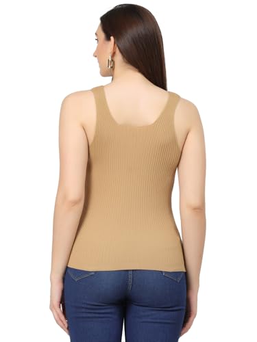 Image of Kalt Women Knitted, Ribbed Cotton Fitted Sleeveless V-Neck Cami Tank Top for Women Stylish