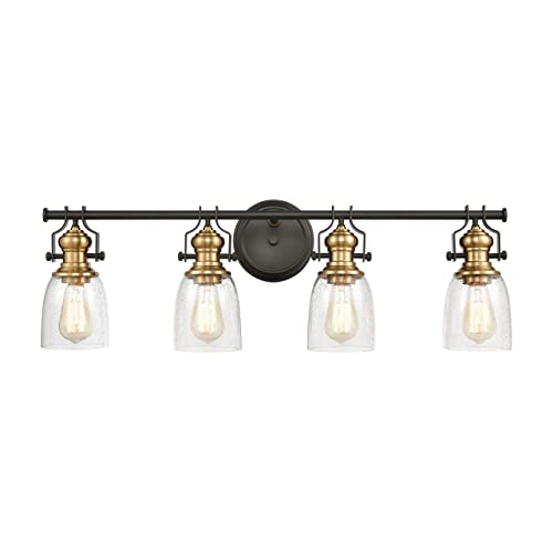 Image of Elk Home Chadwick 4-Light Industrial Vanity Wall Sconce - Oil Rubbed Bronze & Antique Brass, Seeded Glass Shade, 32 Inch Wide