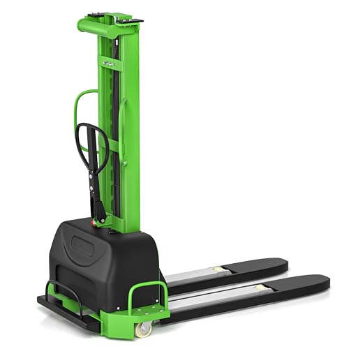 Semi Electric Self Loading Forklift Pallet Stacker - Portable Hand Lifting Truck Cargo with Straddle Legs and Adjustable Forks - Material Lifter 1100lbs Capacity 51 Inch Lift Height