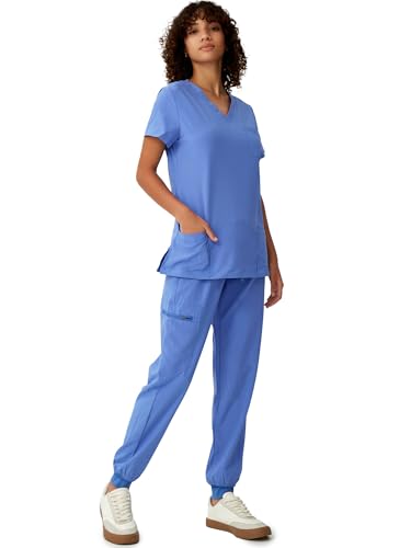 floralhue Scrubs for Women, V-Neck Scrubs Top & Cargo Pants with 10 Pockets, Ceil Blue, XS - Thumbnail 6
