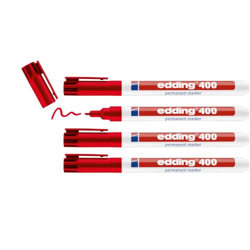 edding 400 Permanentmarker - rot - 4 Stifte - feine Rundspitze 1 mm - wasserfest, schnell-trocknend - wischfest - für Karton, Kunststoff, Holz, Metall, Glas