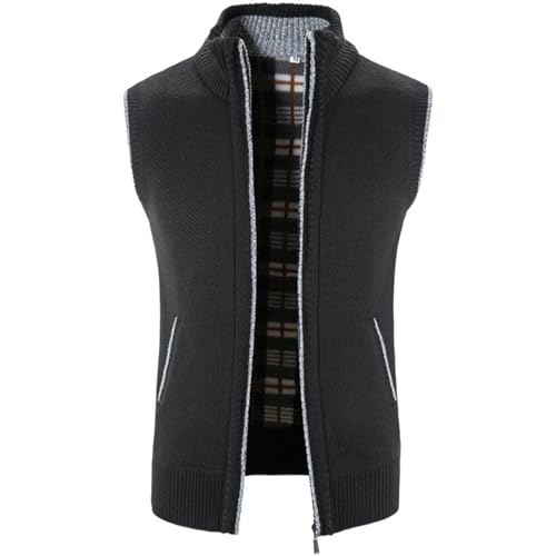 Men's Spring Autumn Korean Style Plush Lined Thickened Solid Color Stand Collar Outerwear Knit Vest