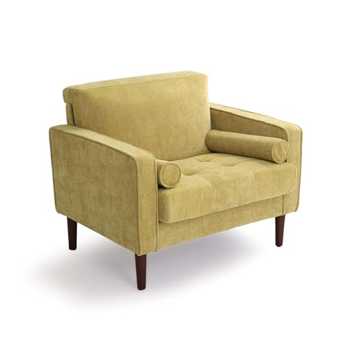 Image of Accent Chairs Stet of 2, Chenille Upholstered Armchairs for Living Room, Comfy Single Sofa Bedroom Reading Seat with 2 Bolster Pillows, Yellow