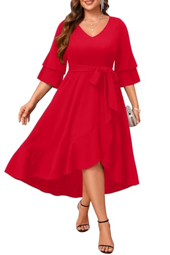 Image of Plus Size Wedding Guest Dress - Double Bell Sleeve High Low Split Dresses | Semi formal cocktail dress, V-neck double bell sleeves with belted high-low split ruffle hem.