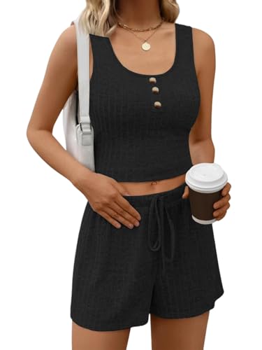NLAND Conjunto Chándales para Mujer 2 Piezas Verano Mujer Casual Top Sin Mangas y Cortos Cintura Alta Chandal Completo,Negro L