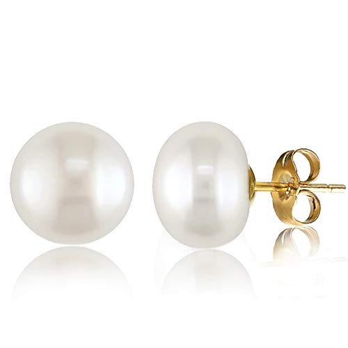 QTRESOR Sterling Silver 18k Yellow Gold Plated AAA+ Quality 10MM Handpicked Natural Freshwater Cultured Stud Pearl Earrings Birthday Gifts for Women Girls
