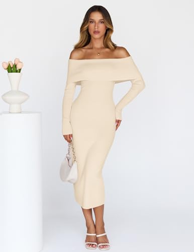 MEROKEETY Women's Winter Off Shoulder Bodycon Sweater Dress 2025 Formal Long...