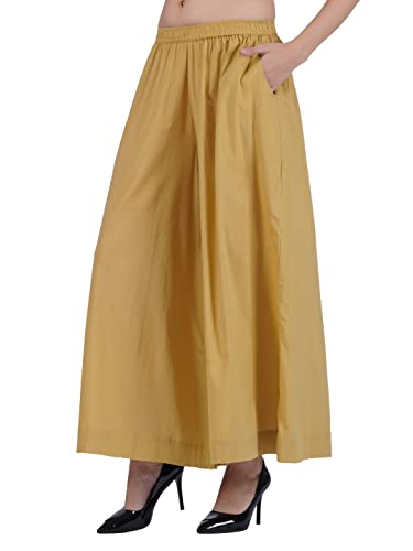 Image of fabcoast Loose Fit Palazzo Pants for Women A-Line Flared Wide Leg Summer Ethnic wear Pure Cotton Cambric with Full Elastic Waistband and 2 Side Pockets