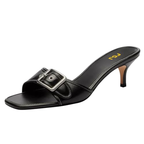FSJ Women Low Kitten Heel Mules Comfortable Square Open Toe Slip On Sandals Studs Buckled Strap Slides Summer Fashion Slippers Size 4-16 US
