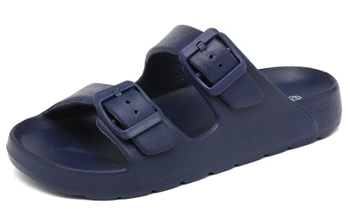 Inminpin Boys Girls Double Buckle Slide Sandals Comfort Beach Pool Shower Slippers Adjustable Indoor Outdoor Little Kid/Big Kid,Deep Blue,1 Big Kid cover