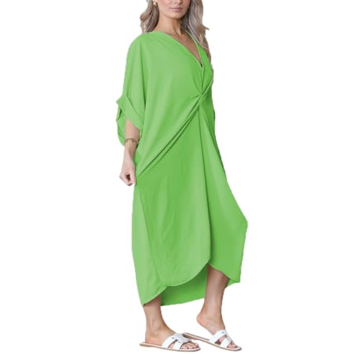 Damen Midikleid mit V-Ausschnitt und Bindeknoten, Baggy Fit, Tunika-Kleid mit Twist-Front, leichter Sommer, Kaftan-Stil, für Loungewear, Reisen,...