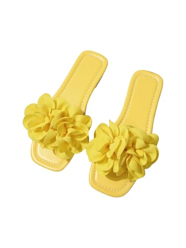 OYOANGLE Womens Floral Slide Sandals Square Open Toe Summer Beach Vacation Dressy Slip on Flat Sandal Yellow 8