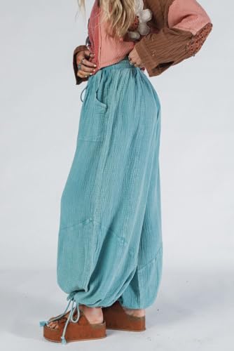 Urchics Womens Casual Pants Mist Blue Drawstring Waist & Ankle Pocketed Loose Fit Harem Pants3