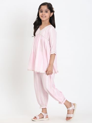 Image of Maaesa Girls' Light Pink & White Striped Cotton Alia Kurta and Afghani Pants Set | Sleeves | V-Neck with Metallic Trim | Lightweight & Breathable | Festive & Casual Wear