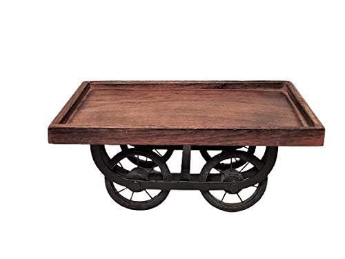 Image of Wooden Mixing Serving Tray with Move able Wheels, Decorative Rectangular Wooden Cart Serving Tray with Iron Stand for Home, Restaurent & Dining Table, 9.5x6.5 Inch, 1 Pc