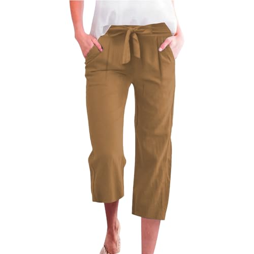 Capri Pants for Women Plus Size Linen Gaucho Pants with Knot Tie Casual Summer Crop Wide Leg Trousers Beach Outfits