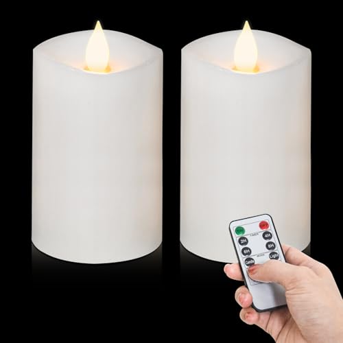 Image of 2PCS, 3 x 5 inches Flameless Candle with Remote Control, 3D Flickering Wick, Real Wax Pillar LED Candles, Battery Operated Candles,with Timer,for Holiday Home Decor,White