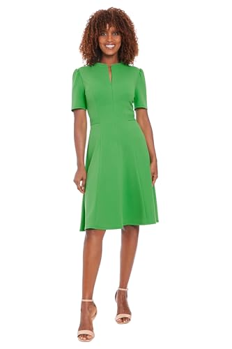 London Times Women's Dresses Women's Mock Neck Short Puff Sleeve Fit and Flare - Professional Work Dress - Wedding Guest Cocktail Dress, Kelly Green, 6