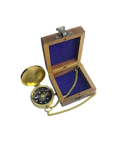 Brújula náutica vintage de latón con cadena y caja de madera miniatura 5