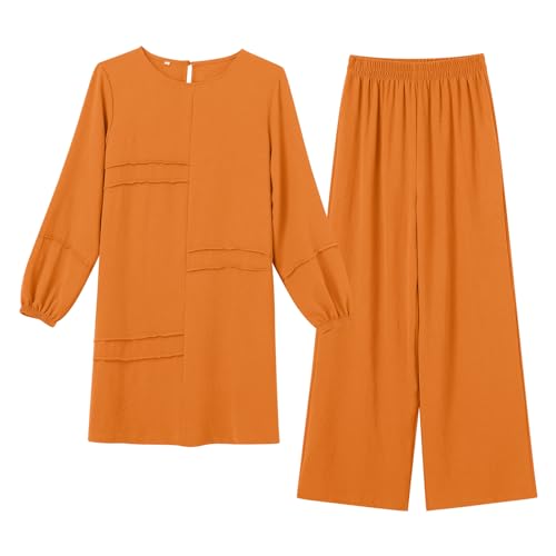 Image of Abayas Dress For Women Muslim Long Sleeve Loose Top Pants 2 Pcs Dubai Islamic Muslim Women Matching Sets