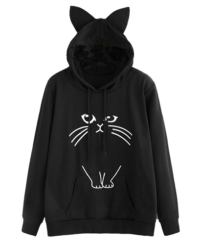 Lziizl Women Girl Hoodies Cute Cat Ear Novelty Printed Pullover Sweatshirt Black US Size S=Tag Size L