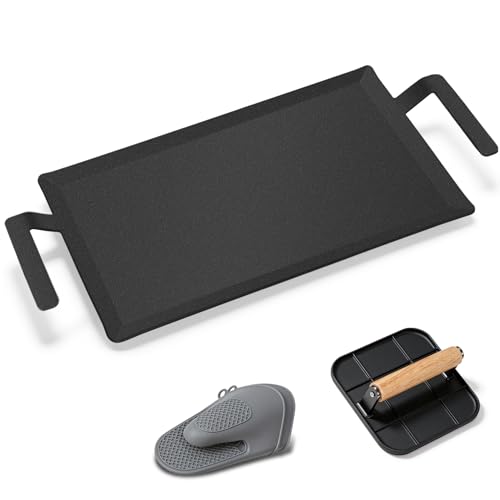 Premium Carbon Steel Griddle Comes with Grill Press, Large Non-Toxic Stovetop Flat Top Pan for Gas, Electric Range, Induction, Grill & Campfire, Pre-seasoned Nitride Coating, Oven Safe to 1200°F