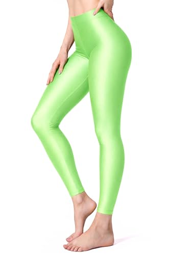 Lilax Womens High Waisted Leggings Shiny Workout Yoga Pants (Lime Green XL)