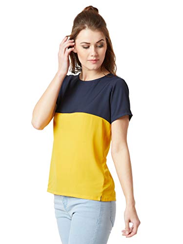 Image of Miss Chase Women's Navy Blue and Yellow Round Neck Boxy Top