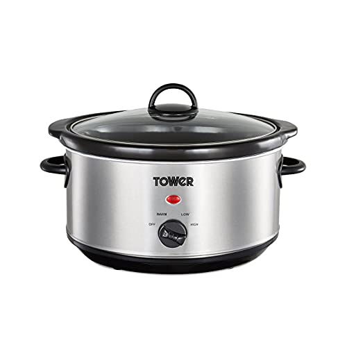 Tower T16039 Slow Cooker with 3 Heat Settings and Removable Dishwasher Safe Pot, 3.5 Litre, Stainless Steel