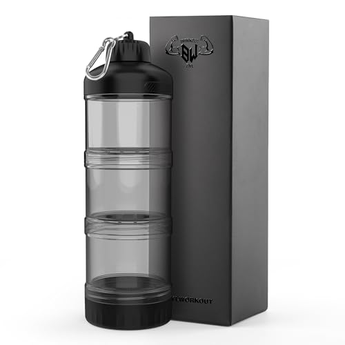 BYLWORKOUT 3 Layers Protein Travel Container with Funnel and Keychain | Cute Protein and Kitchen Storage Containers | Clear Plastic Kitchen Grade Box Organisers for Workout and Travel (Black)
