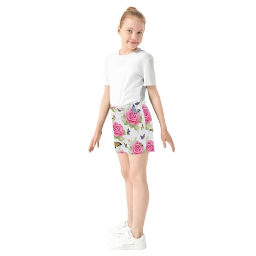 Girls Lounge Athletic Shorts Pink Roses Butterflies White Comfy Casual Floral Print Pajama Summer Clothes, X-Small4