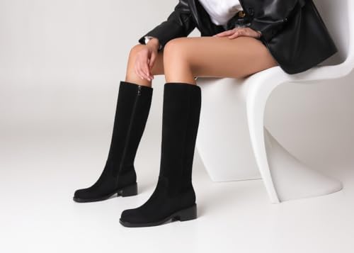 Image of ZJA Knee High Boots Square Toe Boots Low Heel Flat Long Boots for Women Dress Chunky Comfortable Tall Boots