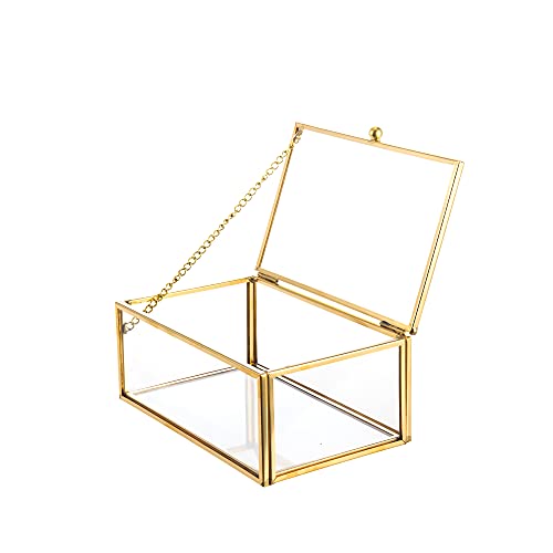 Feyarl Gold Clear Glass Jewelry Trinket Box Shadow Vanity Rings Earrings Box Organizer Cards Collection Display Case Decorative Keepsake Box with Lid for Home Deco