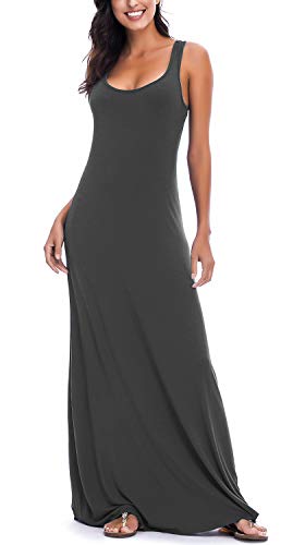 EXCHIC Damen Sommer Leichte Ärmellos Strand Maxi Kleid Elegant Elastisch Tunika Lang Kleider (XL, Dunkel Grau)