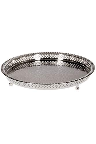 Plateau de Service Marocain en laiton argenté Mahra 37cm Rond | Petit Plateau décoratif de Table de Thé Design oriental | Plat pour bougie antidérapant |...