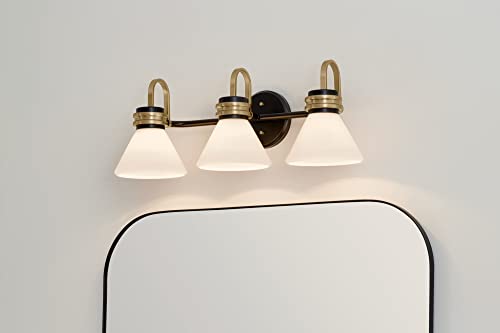 Image of Kichler Farum 26 in 3-Light Bathroom Vanity Light Fixture with Opal Glass in Black with Champagne Bronze Accents for Modern Bathrooms and Powder Rooms (26 in W x 9.5 in H x 9.5 in D) 55155BK