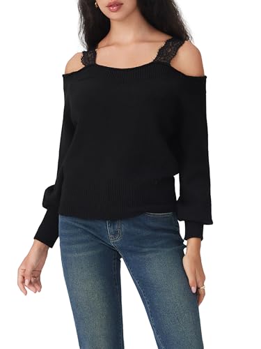CIDER Off The Shoulder Sweaters for Women Lace Trim Long Sleeve Cropped Sweaters Knitted Pullover Sweater Trendy Fall3