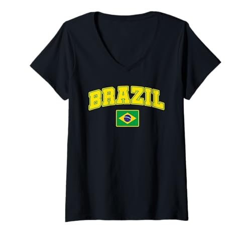 Femme Drapeau Cadeau Brésil Ventilateur Brésil Vintage Samba T-Shirt avec Col en V