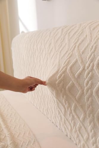 Image of HOMETHREADS Stretchable Lycra /Velvet Headboard Cover | Soft, Dust-Proof & Wrinkle-Resistant Bed Back Protector | Fits Leather, Wooden & Fabric Bedsides | for 5ft to 6.5ft Beds (Cream, 150x65cm)