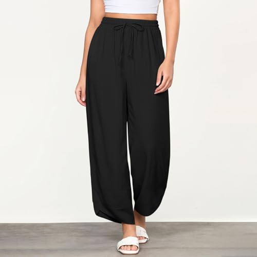 Womens Linen Pants Loose Fit Drawstring Wide Leg Pants High Waisted Comfy Pant with Pocket Summer Beach Slit Hem Outfit2