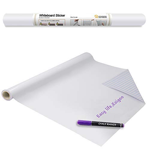 pizarra blanca adhesiva Ezigoo - Etiqueta autoadhesiva de papel de pizarra blanca 60 x 310 cm, Papel de calcomanía de tablero de mensajes, Rollo para oficina, hogar o escuela con 1 marcador de tiza