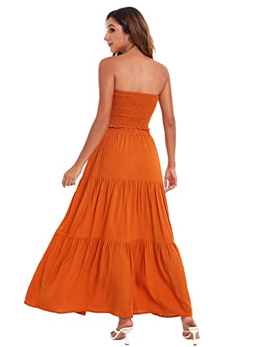 Floerns Women's Summer Printed 2 Piece Outfit Crop Tube Tops And Split Long Skirt Set Orange Solid L #TOP1