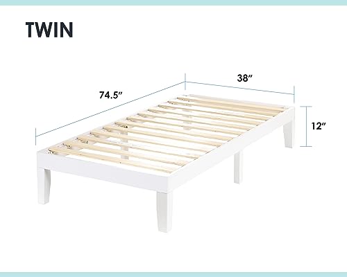 Mellow Naturalista Classic 12 Inch Solid Wood Platform Bed with Wooden Slats, Twin, White