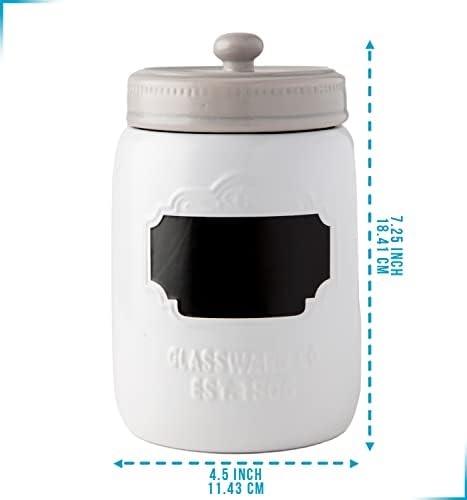 Mason Jar Ceramic Canister Set for Kitchen - Set of 3 Decorative Storage Containers with Air-Tight Lids for Coffee & More - Country Style Storage w/Reusable Writable Surface - 12.85oz/Canister - White