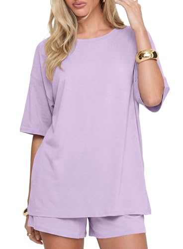 Image of Darong Women's 2 Piece Shorts Set Loungewear | oversized tshirts,crew neck top,drawstring shorts,elastic waist, side pockets,summer travel outfits