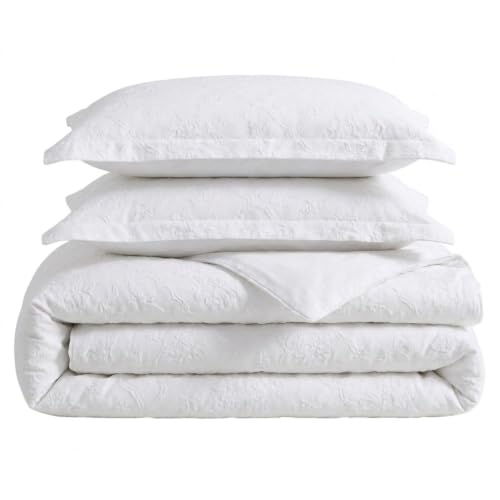 Image of Martha Stewart - Twin Comforter Set, Naturally Soft Cotton-Rich Jacquard Bedding w /Matching Pillowcase, Textured 2 Piece Bed Set (Garden Trellis White)