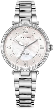 GOLGEN Women's Dress Classic Watch 33mm Luxury Quartz Wrist Watches with Sapphire Crystal, Shimmering Mother of Pearl Dial and Zircon Bezel for Work, Commuting & Dating, Elegant Silver