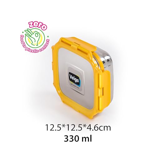 Image of Veigo Original Stainless Steel Medium Snack Box (330 ml)| Airtight & Leakproof| Freezer & Dishwasher Safe| Snacks Box for School|Silicone Ring & Polymer Frame| Safe Lid Lock| Yellow