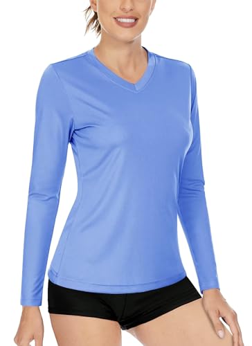Boladeci Hiking Shirts Women Upf 50 Sun Protection Long Sleeve Clothing V Neck Tops Summer Uv Spf Shirts Tops Rash Guard T-Shirts Xl Light Blue cover